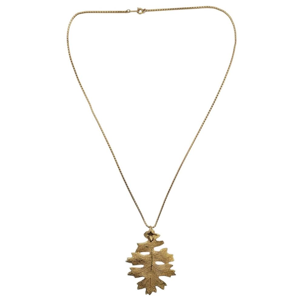 Vintage Amway Real Oak Leaf 24K Gold Dipped Botanical Pendant Necklace bohemian